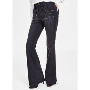 INC Denim Jeans Women's High Rise Flare Black Wash Rhinestones Studded at front